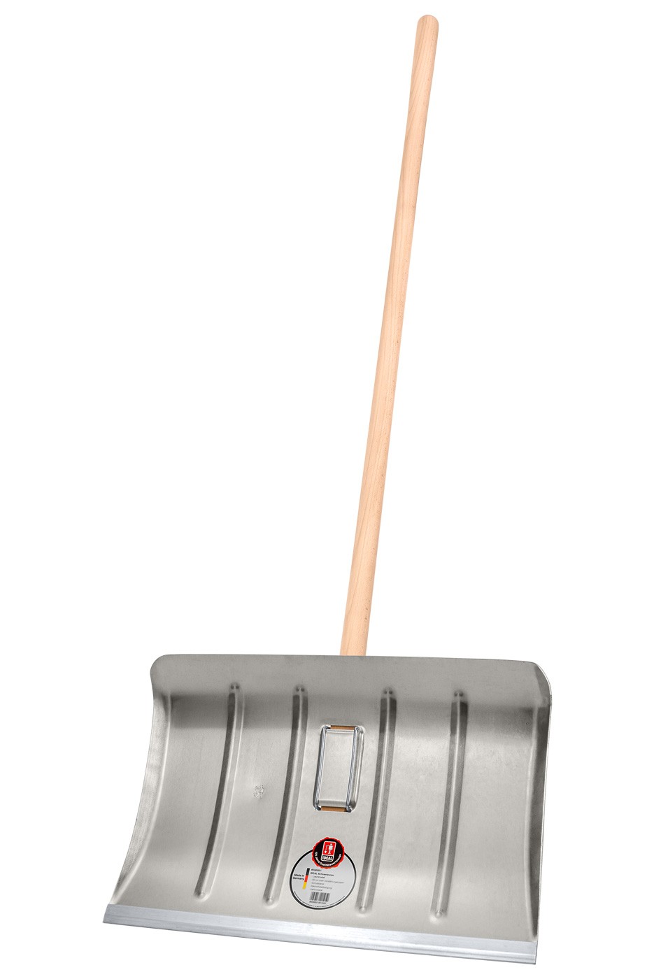 Schneeräumer aus Leichtmetall mit Hartholzstiel und Schutzkante